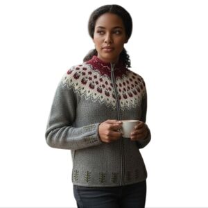 Handmade Gray Cream Red Wool Faire Isle Full Zip Cardigan women's XS or Youth L
